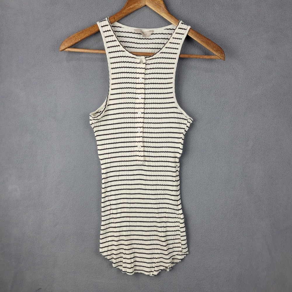 7 For All Mankind Tank Top Womens Small Beige Black Striped Knit Henley Neck